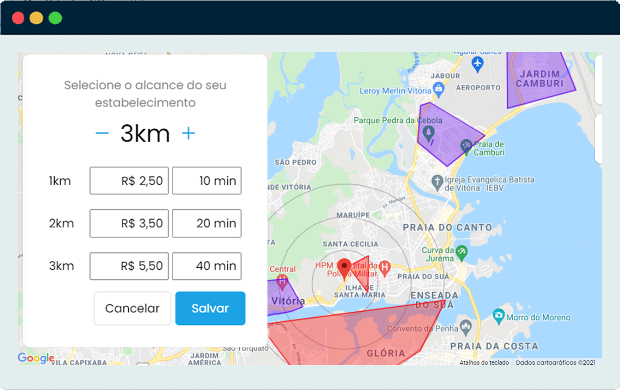 Defina o raio de entrega dos pedidos